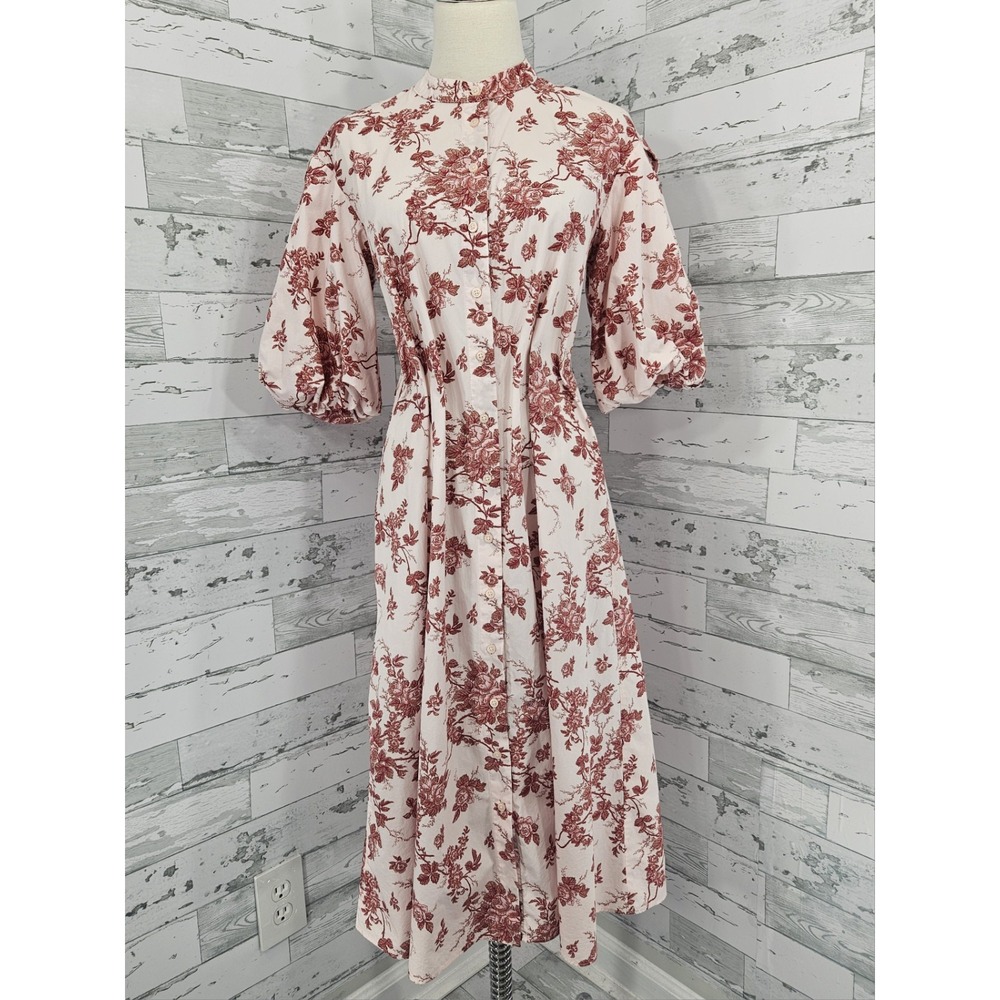 Banana Republic Womens XS Mauve Pink Toile Pattern Puff Sleeve Midi Dress